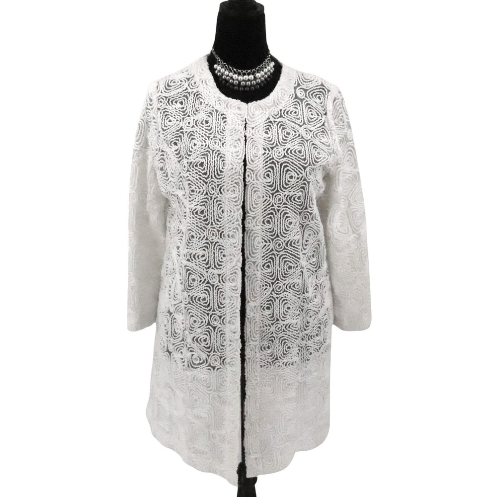 Kasper Swirl Embroidered Lace Duster Cardigan Womens Size M White Wedding Party